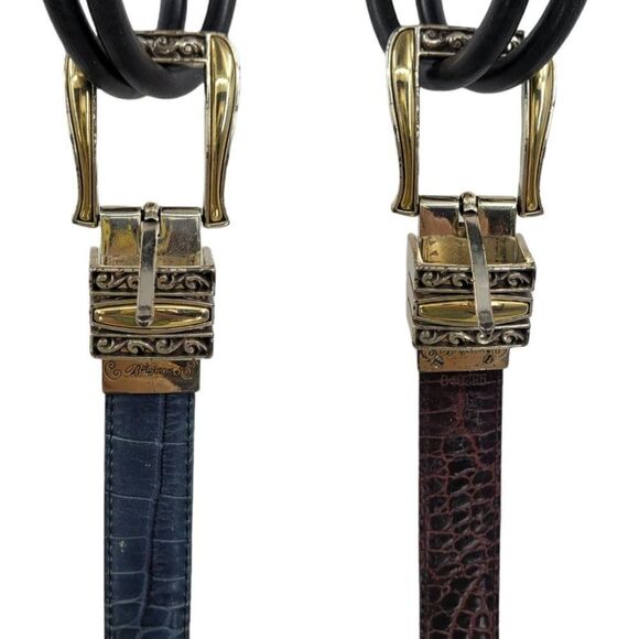 Vtg 80's Brighton Belt Leather Reversible Blue Burgundy 1" Silver Sz S 29" - Picture 1 of 6